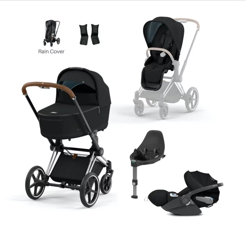 Cybex PRIAM 2022 Deep Black with Chrome and Brown Travel System with Cloud Z2 Car Seat & Base Z2
