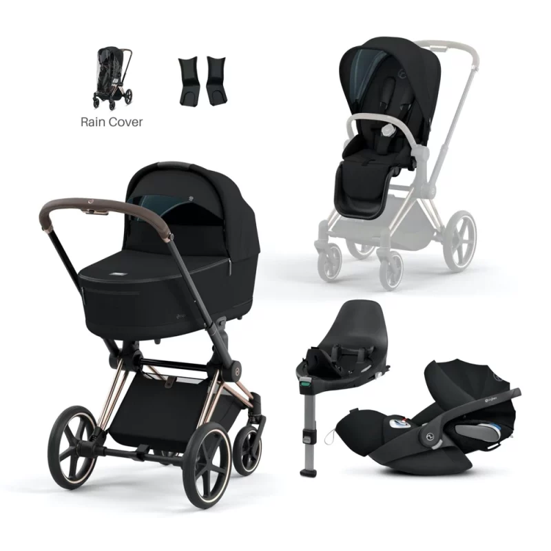 Cybex PRIAM 2022 Deep Black with Rose Gold and Brown Travel System with Cloud Z2 Car Seat & Base Z2