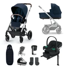 Cybex Balios S Lux 2023 10 Piece Bundle Navy Blue on Silver Chassis with Aton B2 & Base One