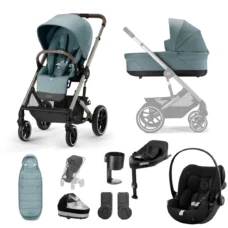Cybex Balios S Lux 10 Piece Gold Bundle Sky Blue on Taupe Chassis with Cloud G & Base G