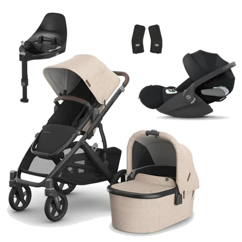 UPPAbaby Vista V3 pushchair is intuitively designed to “grow” with your family! It starts as a single pushchair but can easily transform to accommodate up to three children with added accessories and adapters — becoming the ultimate in portability and convenience! UPPAbaby Vista V3 pushchair Includes Carrycot and full-size Toddler Seat Accommodates up to three children with additional expansion options Extendable, UPF 50+ canopies and easy-to-peek window for added air flow Extra-large, easy-access basket that holds up to 30 lbs Luxurious fabrics and full-grain leather details  3-year warranty Comfort In All Conditions – All-Weather Comfort Seat with included removable Seasonal Seat Liner makes for a comfortable stroll in any season Easy-Adjust Harness System – Quick-to-secure harness system with magnetic buckle and easy-to-adjust, no-rethread harness Simple One-Step Fold – The pushchair stands on its own when folded and can be folded with or without the Toddler Seat on! Smooth Strolling – Never flat tires and enhanced dual-spring FlexRide Suspension allow for a smooth stroll no matter the terrain Carrycot Quick zip, cross ventilation panels can be opened for greater airflow on hot days or closed for added warmth on chilly days. The included foam-free mattress is engineered with breathable, air mesh material to provide a comfortable yet firm surface for newborns to sleep on. Our Included Carrycot attaches directly to the Vista V3, allowing for safe sleep during naps on the go. Its one-hand release makes for easy on-and-off attachment so you can carry your sleeping infant safely from pushchair to stand Specifications Carrycot suitable from birth to 20 lbs or until infant can push up on hands and knees, whichever comes first Toddler seat is suitable from 6 months to 22 kg Weight Frame & Seat: 12,5 kg Frame: 9 kg Seat: 3,5 kg Carrycot: 4,2 kg Unfolded: 92,7 L x 65,3 W x 100,3 H cm Folded with seat attached: 41,4 L x 65,3 W x 85,9 H cm Folded without seat attached: 28,7 L x 65,3 W x 81,9 H cm CYBEX Cloud T i-Size Car Seat + Base T in Sepia Black showcases safety, convenience and style. The clever rotation mechanism on the base lets the seat face sideways for easy entry and exit from the car, while the new in-car recline feature allows your little one to relax during the journey. What’s Included Frame & Basket Toddler Seat & Canopy Bumper Bar Bassinet Wheels Toddler Seat Rain Shield Toddler Seat Insect Net Bassinet Insect Net Bassinet Storage Bag Main Car Seat Adapters Cybex Cloud T Sepia Black Cybex Base T